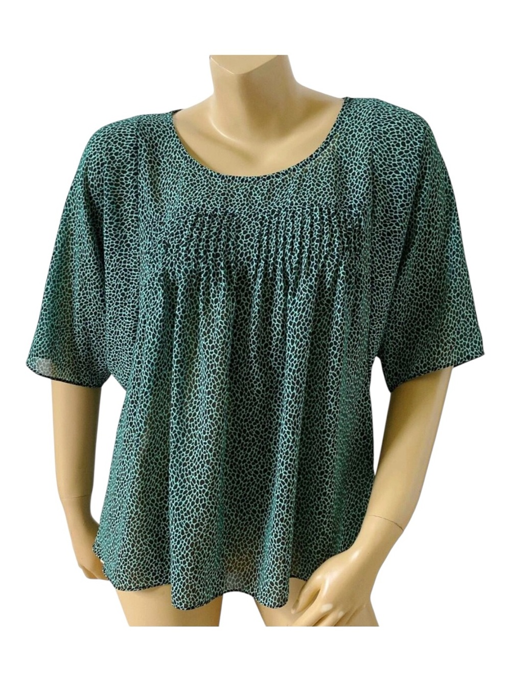 Michael Kors Blouse Womens M Teal Black Animal Print Smocked Short Sleeve Top
